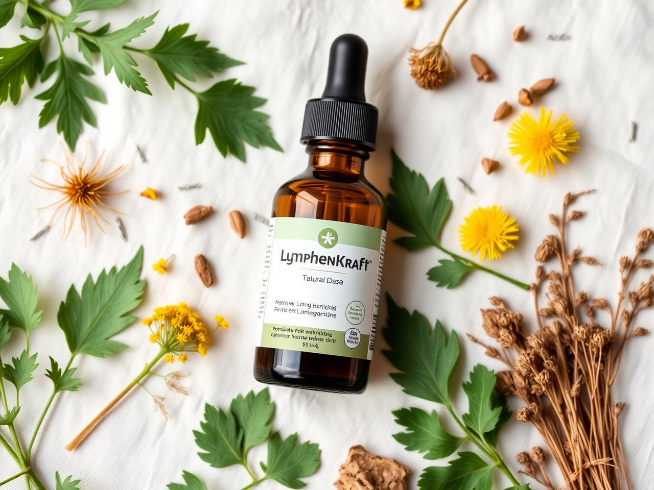 LymphenKraft® Tropfen mit Brennnessel, Goldrute und Löwenzahn – Flatlay